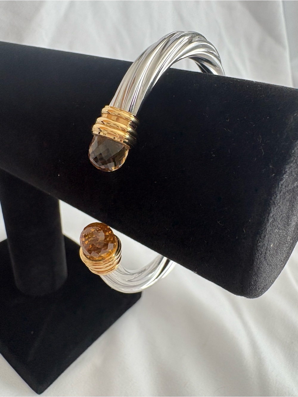 Polished Silver-Tone Cable Cuff Bracelet with Gold Accent and Amber Crystals